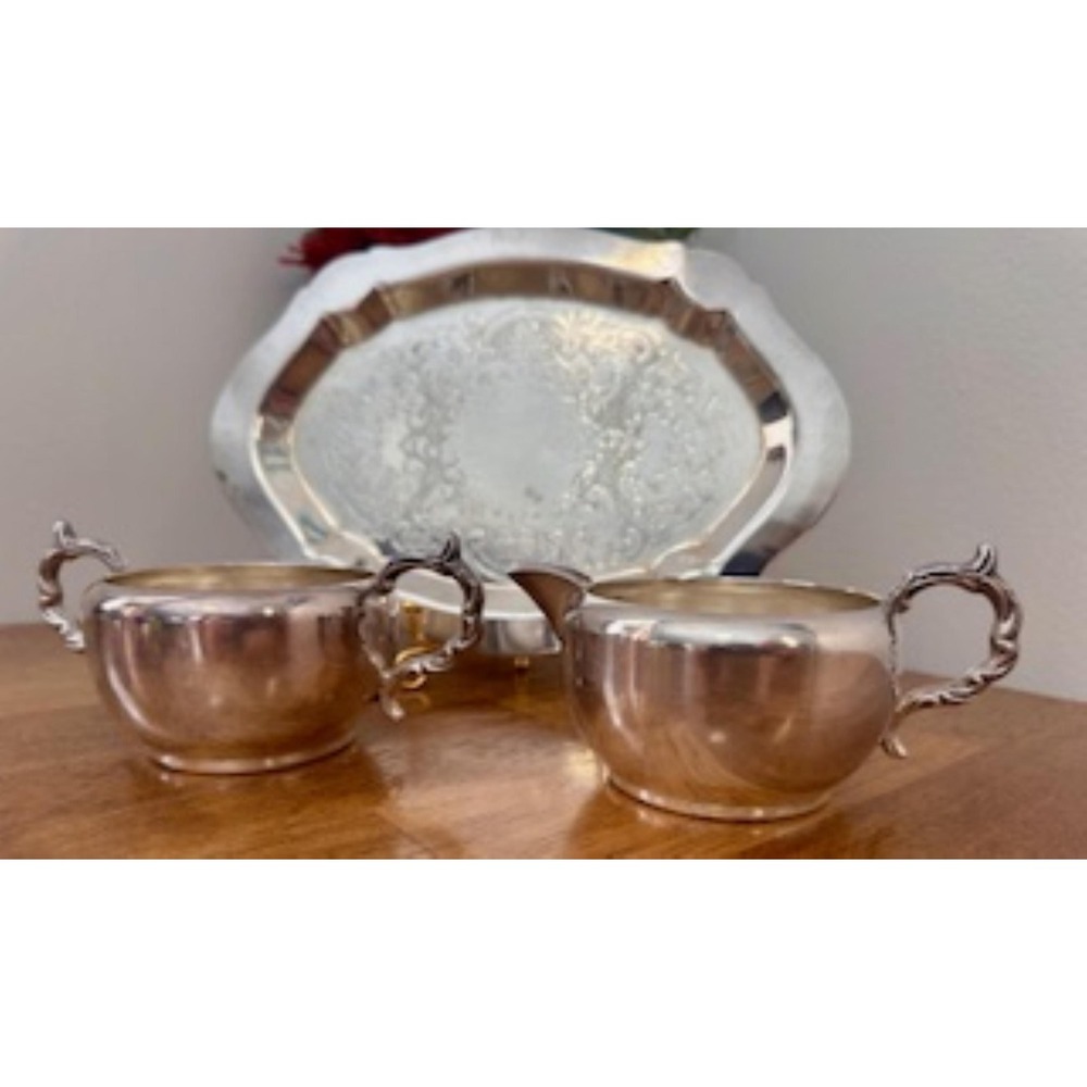 Viking Plate Silver Plated Creamer Sugar Tray Set Vintage Canadian SilverplateAd